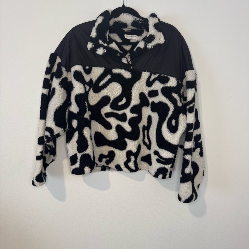 Grayson Threads Cropped Sherpa Fleece Pullover Black White Print Size L